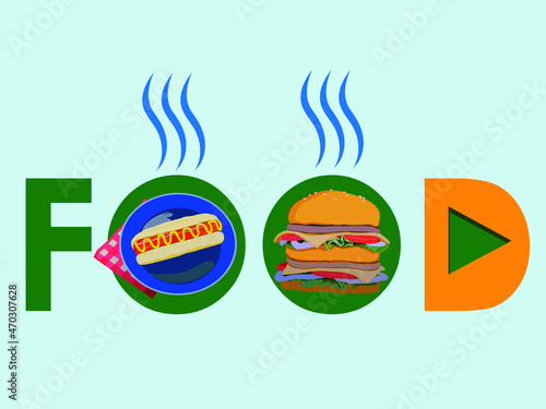 illustration with stylized food lettering and images of hot dog and hamburger for the design of advertising banners and signs of fast food outlets