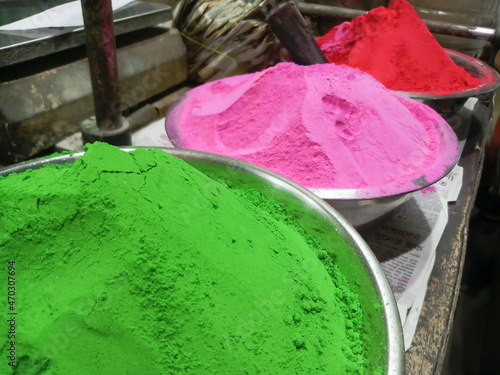 Abir, colorful holi powder to be used in holi or dol festival, is being sold. Howrah, West Bengal, India. photo