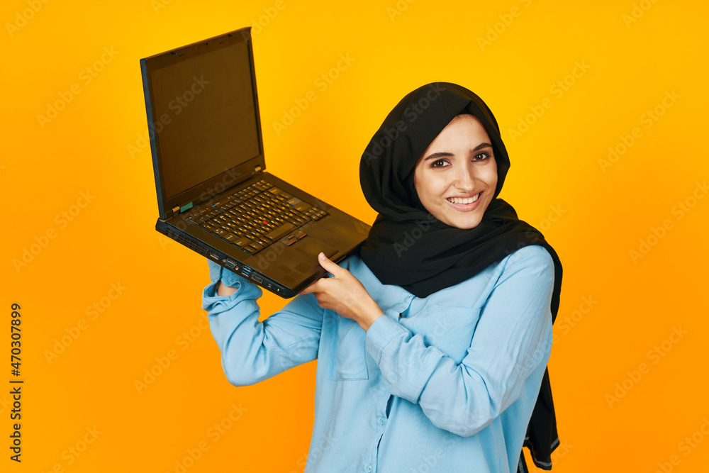 arab woman laptop posing technology internet isolated background arab woman laptop posing technology internet isolated background