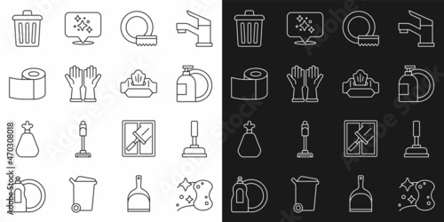 Set line Sponge, Rubber plunger, Dishwashing liquid bottle, Washing dishes, gloves, Toilet paper roll, Trash can and Wet wipe pack icon. Vector