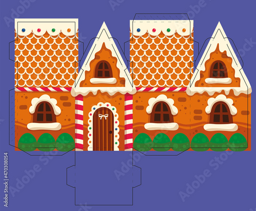Gingerbread house box template. Christmas gift party favor box for sweets, candies, small presents, bakery. Simple packaging die cut template for laser cutting. Paper house for Christmas. 