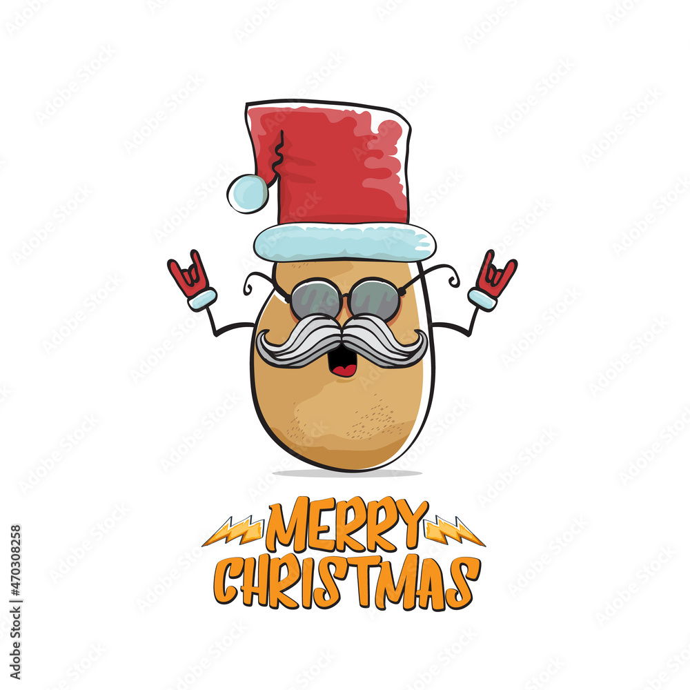 vector rock star Santa Claus potato funny cartoon cute character with red Santa hat and calligraphic merry Christmas text isolated on white background. Rock n roll funky Christmas party banner vector rock star Santa Claus potato funny cartoon cute character with red Santa hat and calligraphic merry Christmas text isolated on white background. Rock n roll funky Christmas party banner