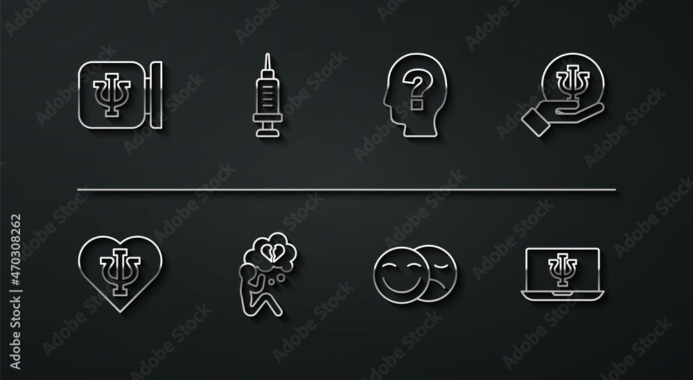 Set line Psychology, Psi, Comedy and tragedy masks, Broken heart or divorce, Addiction to the drug, Psychologist online and Head with question mark icon. Vector Set line Psychology, Psi, Comedy and tragedy masks, Broken heart or divorce, Addiction to the drug, Psychologist online and Head with question mark icon. Vector