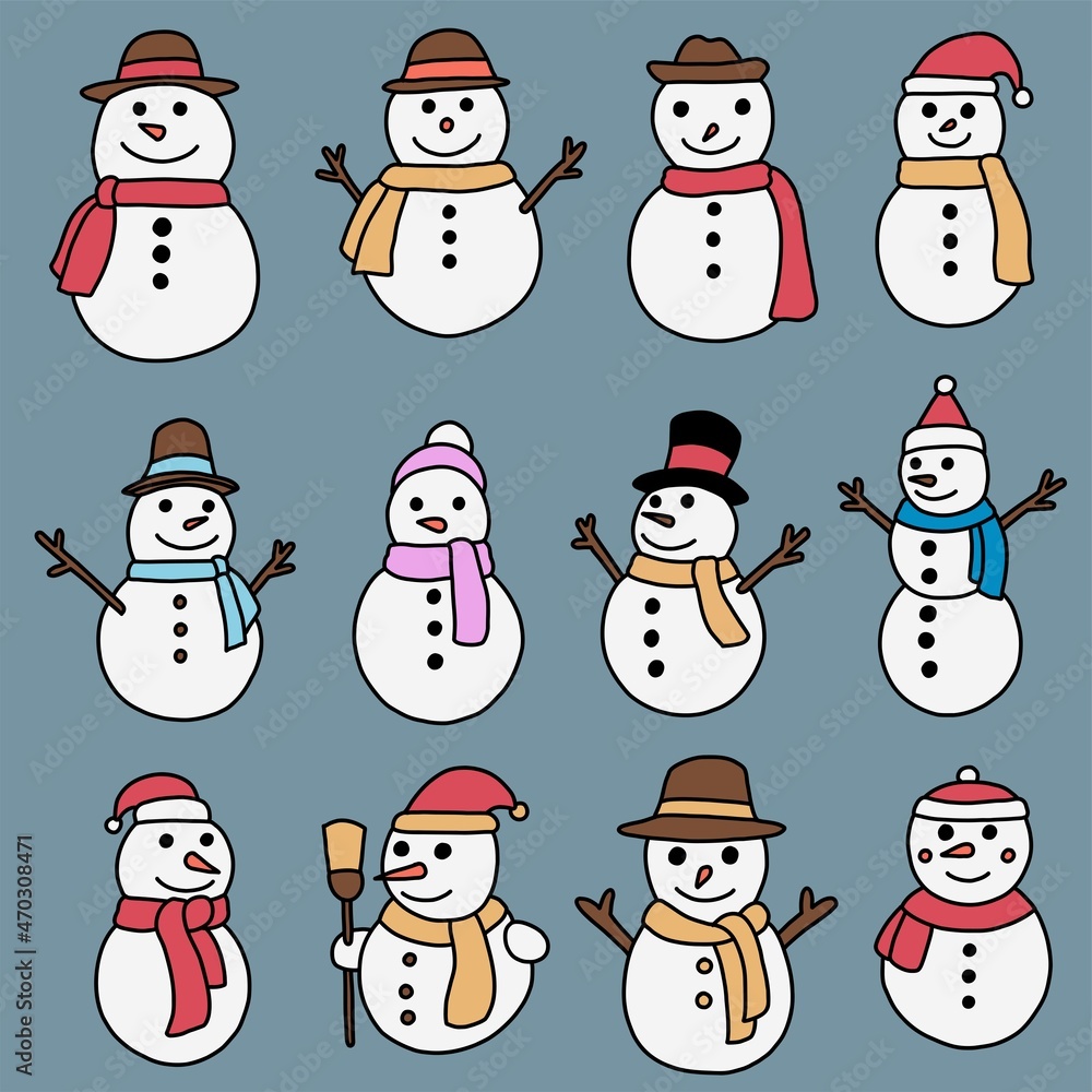 doodle freehand sketch drawing of a snowman collection. doodle freehand sketch drawing of a snowman collection.