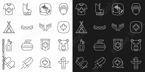 Set line Canadian totem pole, Beaver animal, maple leaf, Canada, Kayak, Indian teepee or wigwam, Hockey jersey and Deer antlers icon. Vector