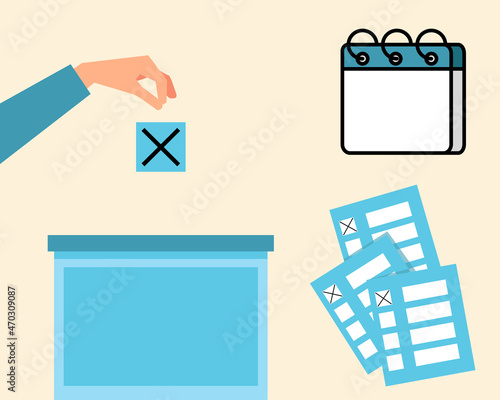 Hand with voting ballot box and blank calendar.  Election Vote concept. Cartoon vector style for your design.