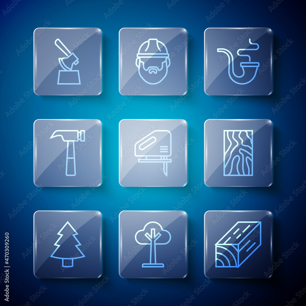 Set line Christmas tree, Tree, Wooden beam, Smoking pipe, Electric jigsaw, Hammer, axe stump and icon. Vector Set line Christmas tree, Tree, Wooden beam, Smoking pipe, Electric jigsaw, Hammer, axe stump and icon. Vector
