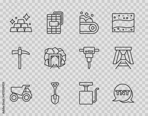Set line Mining dump truck, Dynamite, Conveyor belt carrying coal, Shovel, Gold bars, Mine entrance, Handle detonator and icon. Vector