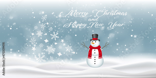 Merry Christmas and Happy New year. Greeting card with snowman and christmas tree. Text in white color. Vector illustration. EPS 10