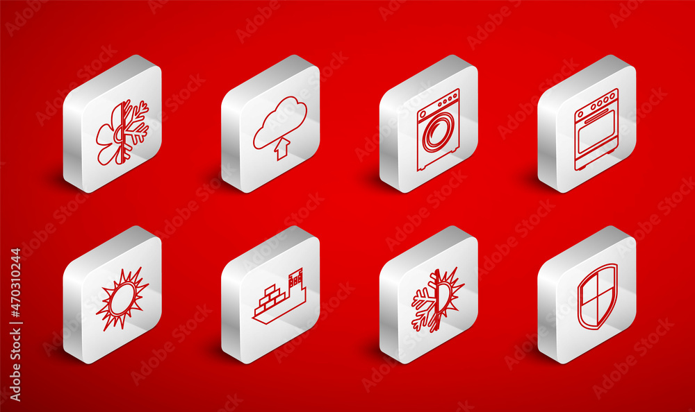 Set line Shield, Cloud upload, Washer, Oven, Sun and snowflake, Air conditioner, Cargo ship and icon. Vector Set line Shield, Cloud upload, Washer, Oven, Sun and snowflake, Air conditioner, Cargo ship and icon. Vector