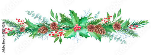松毬、もみの枝、西洋柊などのクリスマス装飾の水彩イラスト。（ベクター。レイアウト変更可能）
