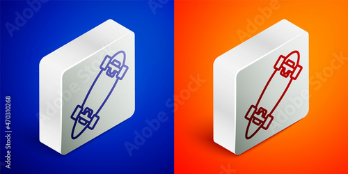 Isometric line Longboard or skateboard cruiser icon isolated on blue and orange background. Extreme sport. Sport equipment. Silver square button. Vector