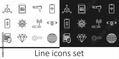 Set line Earth globe, Diploma rolled scroll, Hair dryer, UV protection, Smartphone with, Isometric cube, Router and wi-fi and SD card icon. Vector