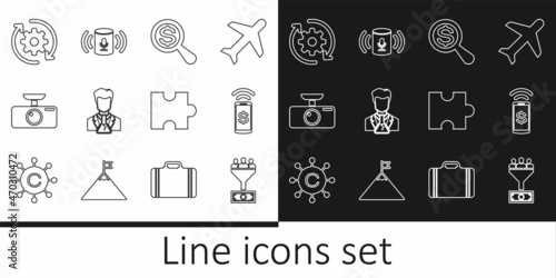 Set line Lead management, Contactless payment, Magnifying glass and dollar, Scientist test tube, Car DVR, Gear arrows workflow, Piece of puzzle and Voice assistant icon. Vector