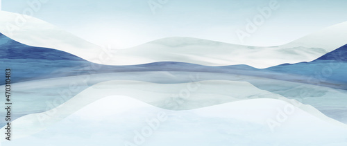 Watercolor art background with mountains and lake in winter. Landscape banner in blue tones for art decorations, print for decor
