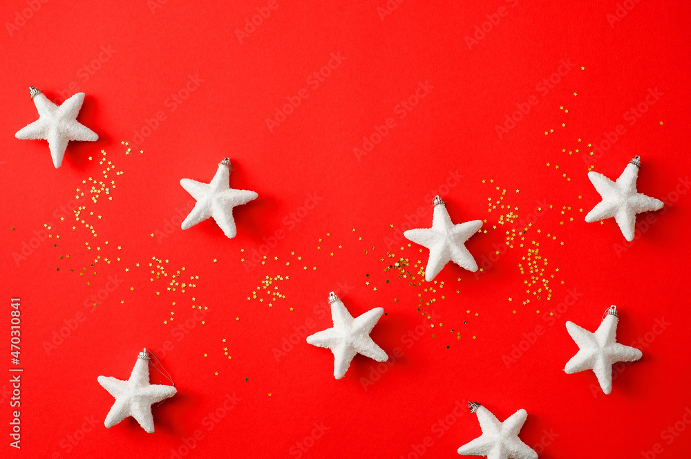 Christmas composition. White decorations on a red background. Christmas, winter, new year concept. top view, copy space.