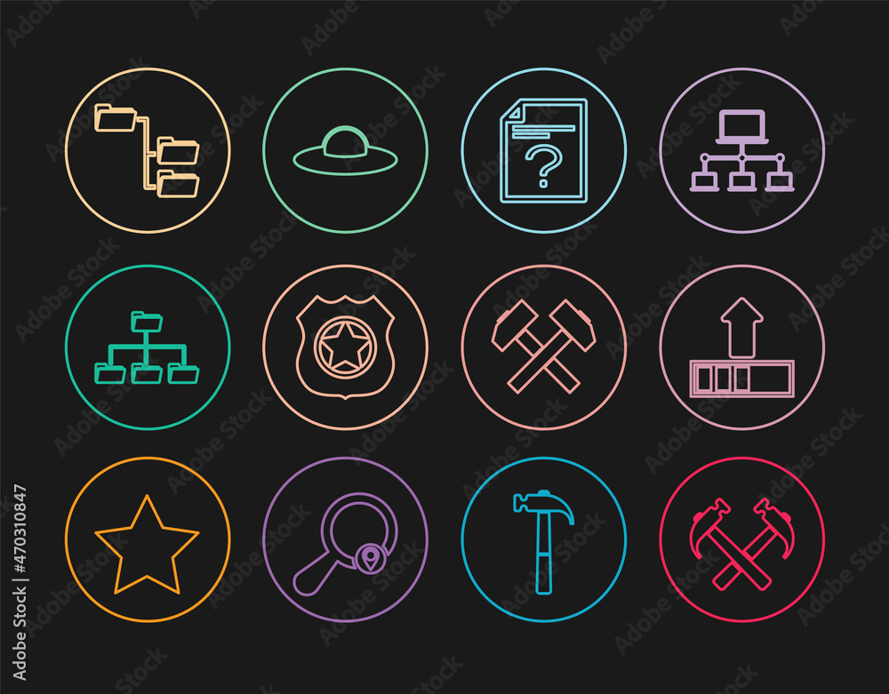 Set line Two crossed hammers, Loading, Unknown document, Police badge, Folder tree, and UFO flying spaceship icon. Vector Set line Two crossed hammers, Loading, Unknown document, Police badge, Folder tree, and UFO flying spaceship icon. Vector