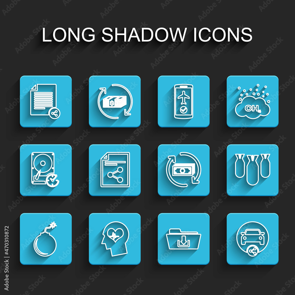 Set line Bomb ready to explode, Head with heartbeat, Share file, Folder download, Car sharing, Aviation bombs and Refund money icon. Vector Set line Bomb ready to explode, Head with heartbeat, Share file, Folder download, Car sharing, Aviation bombs and Refund money icon. Vector