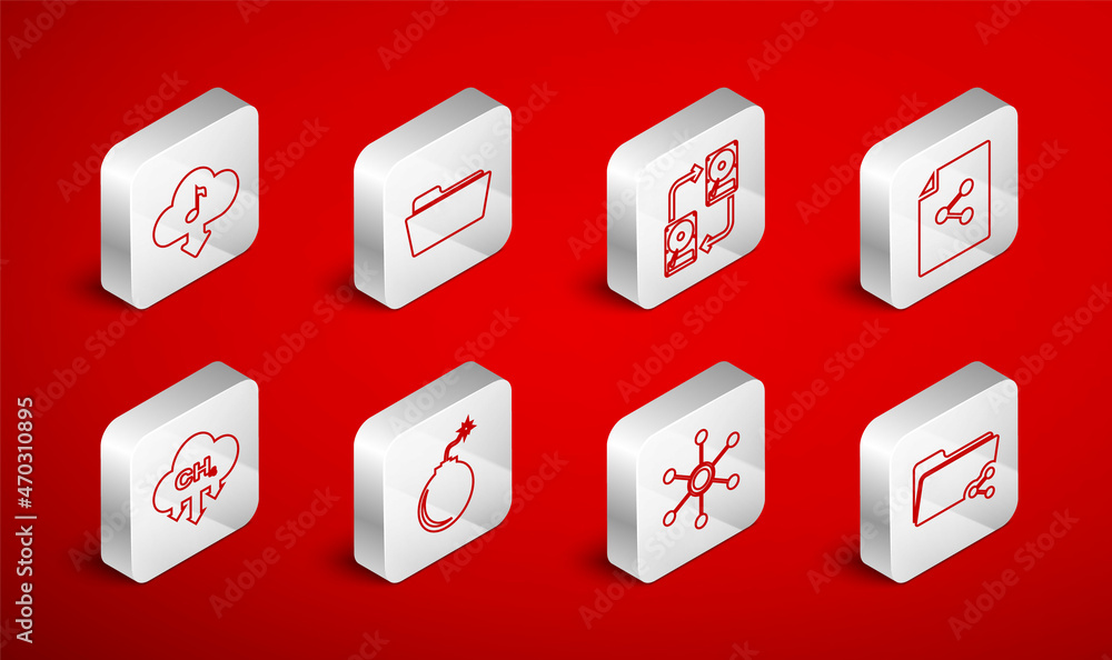 Set line Share folder, Folder, Data exchange with hhd, file, Network, Cloud download music, Bomb ready to explode and Methane emissions reduction icon. Vector Set line Share folder, Folder, Data exchange with hhd, file, Network, Cloud download music, Bomb ready to explode and Methane emissions reduction icon. Vector