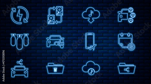 Set line Share folder, Financial calendar, Cloud download music, Car sharing, Aviation bombs, Recharging, Flight mode the mobile and Data exchange with hhd icon. Vector