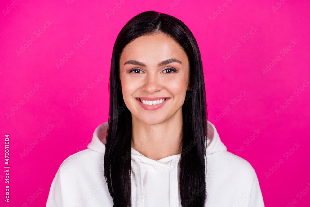 Photo of young cheerful girl toothy smile dental care caries protection clinic isolated over magenta color background Photo of young cheerful girl toothy smile dental care caries protection clinic isolated over magenta color background