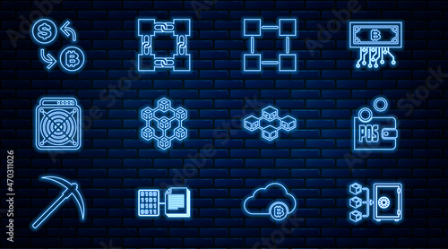 Set line Proof of stake, Blockchain technology, ASIC Miner, Cryptocurrency exchange, and icon. Vector