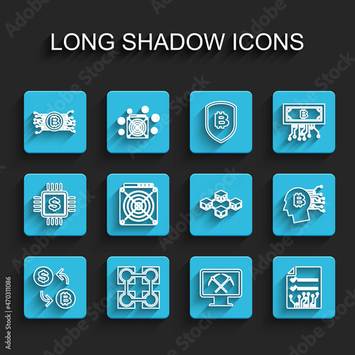 Set line Cryptocurrency exchange, Blockchain technology, bitcoin circuit, Mining with monitor and pickaxe, Smart contract, ASIC Miner, Bitcoin think and icon. Vector