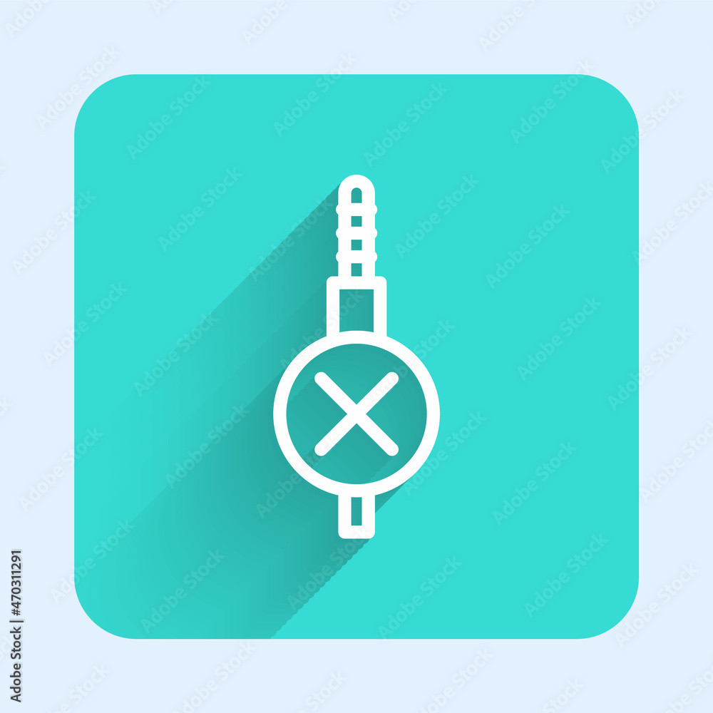 White line No audio jack icon isolated with long shadow background. Audio cable for connection sound equipment. Plug wire. Musical instrument. Green square button. Vector White line No audio jack icon isolated with long shadow background. Audio cable for connection sound equipment. Plug wire. Musical instrument. Green square button. Vector