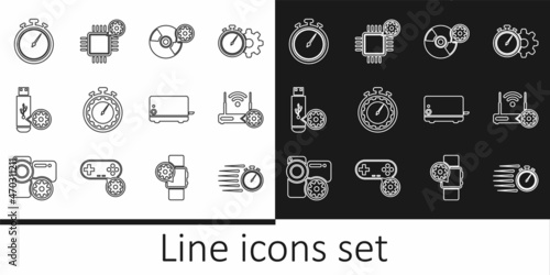 Set line Stopwatch, Router and wi-fi setting, CD or DVD disk, Time management, USB flash drive, Toaster and Processor icon. Vector