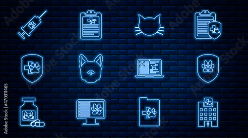 Set line Veterinary medicine hospital, Animal health insurance, Cat, Dog, Syringe with pet vaccine, Clinical record dog on laptop and icon. Vector