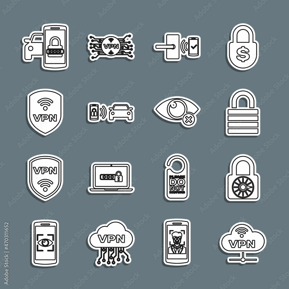 Set line VPN Network cloud connection, Safe combination lock wheel, Lock, Digital door with wireless, Smart car alarm system, Shield, security and Invisible hide icon. Vector Set line VPN Network cloud connection, Safe combination lock wheel, Lock, Digital door with wireless, Smart car alarm system, Shield, security and Invisible hide icon. Vector