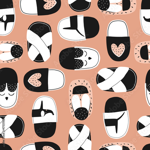 Seamless pattern with slippers for home. 