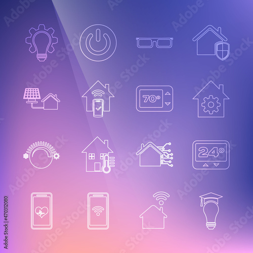 Set line Light bulb and graduation cap, Thermostat, Smart home settings, Glasses, remote control system, House with solar panel, gear and icon. Vector