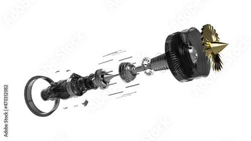 Принти на полотні Disassembled jet engine 3D rendering isolated on white background