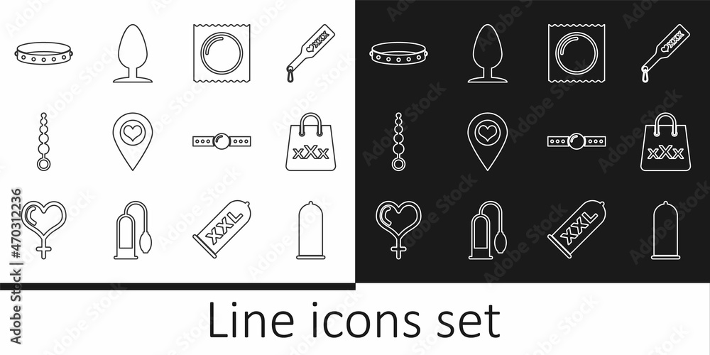 Set line Condom safe sex, Shopping bag with triple X, package, Location heart, Anal beads, Leather fetish collar, Silicone ball gag and plug icon. Vector