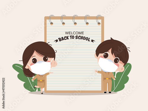 Cute cartoon bangkok thai teacher Back to school with notebook stationery background.