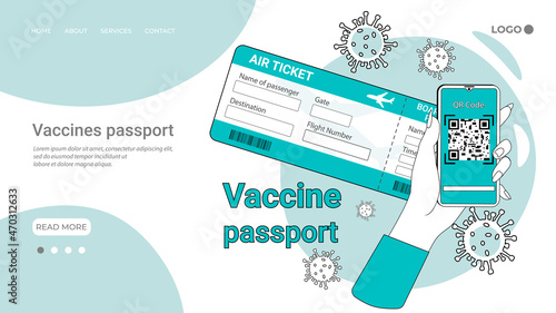Vaccines passport and plane.A plane with a passport and a suitcase on the background of vaccines, flies away on a journey of travel.A call for safety and taking care of your health.Flat vector illustr