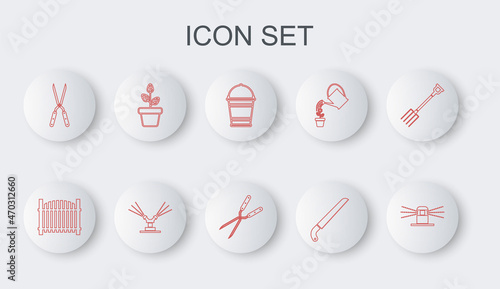 Set line Automatic irrigation sprinklers, Garden fence, Bucket, saw, Gardening handmade scissor, Flowers pot, and icon. Vector