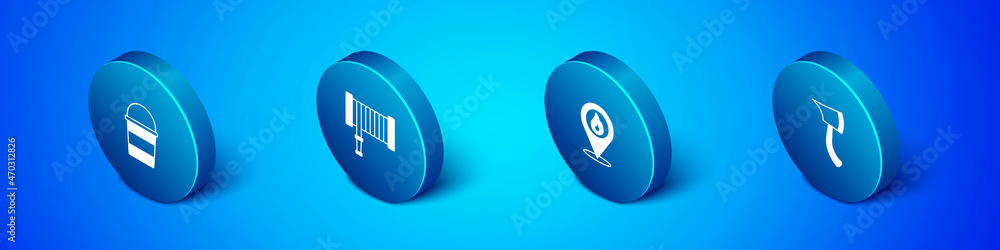 Set Isometric Fire bucket, Location with fire flame, Firefighter axe and hose reel icon. Vector Set Isometric Fire bucket, Location with fire flame, Firefighter axe and hose reel icon. Vector