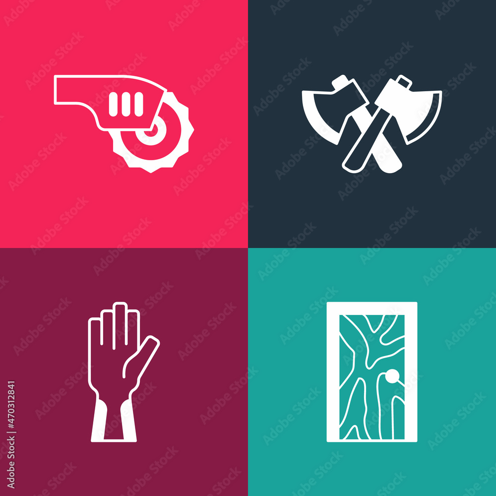Fototapeta premium Set pop art Closed door, Protective gloves, Wooden axe and Electric circular saw icon. Vector