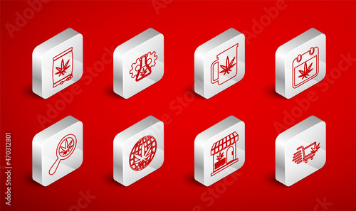 Set line Shopping cart with marijuana, Test tube, Cup tea, Calendar and, Marijuana cannabis store, seeds, Legalize and Magnifying glass icon. Vector