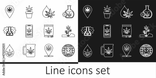 Set line Legalize marijuana, Planting, Marijuana or cannabis leaf oil, Online buying, Test tube with, Location and, seeds and plant pot icon. Vector