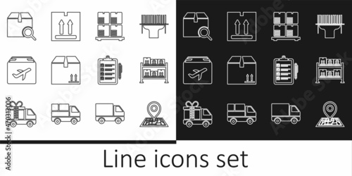 Set line Placeholder on map, Warehouse, Cardboard boxes pallet, with traffic, Plane and cardboard, Search package, Verification of delivery list and icon. Vector