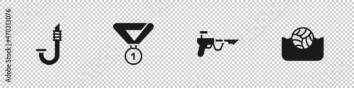 Set Snorkel, Medal, Fishing harpoon and Water polo icon. Vector