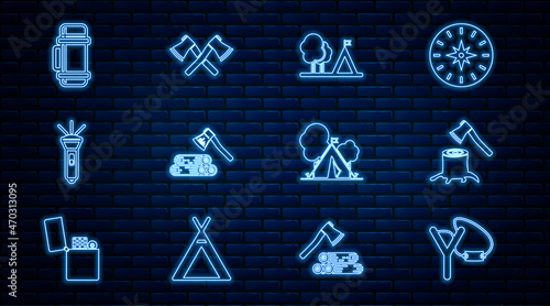 Set line Slingshot, Wooden axe stump, Tourist tent with flag, and wood, Flashlight, Thermos container, and Crossed wooden icon. Vector
