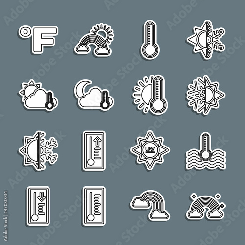 Set line Rainbow with clouds, Water thermometer, Sun and snowflake, Meteorology, Thermometer cloud, moon, sun, Fahrenheit and icon. Vector