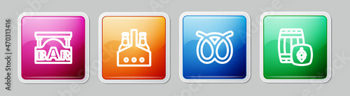 Set line Street signboard with Bar, Pack of beer bottles, Pretzel and Wooden barrel. Colorful square button. Vector