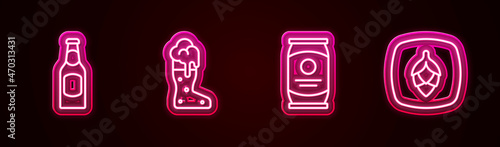 Set line Beer bottle, Boot beer glass, can and Hop. Glowing neon icon. Vector