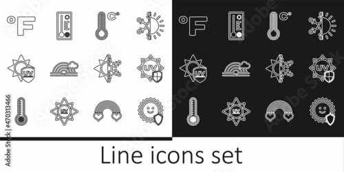 Set line UV protection, Meteorology thermometer, Rainbow with cloud, Fahrenheit, Sun and snowflake and icon. Vector