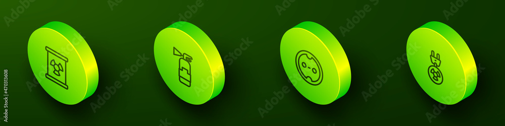 Set Isometric line Radioactive waste in barrel, Fire extinguisher, Electrical outlet and Radiation electrical plug icon. Vector Set Isometric line Radioactive waste in barrel, Fire extinguisher, Electrical outlet and Radiation electrical plug icon. Vector